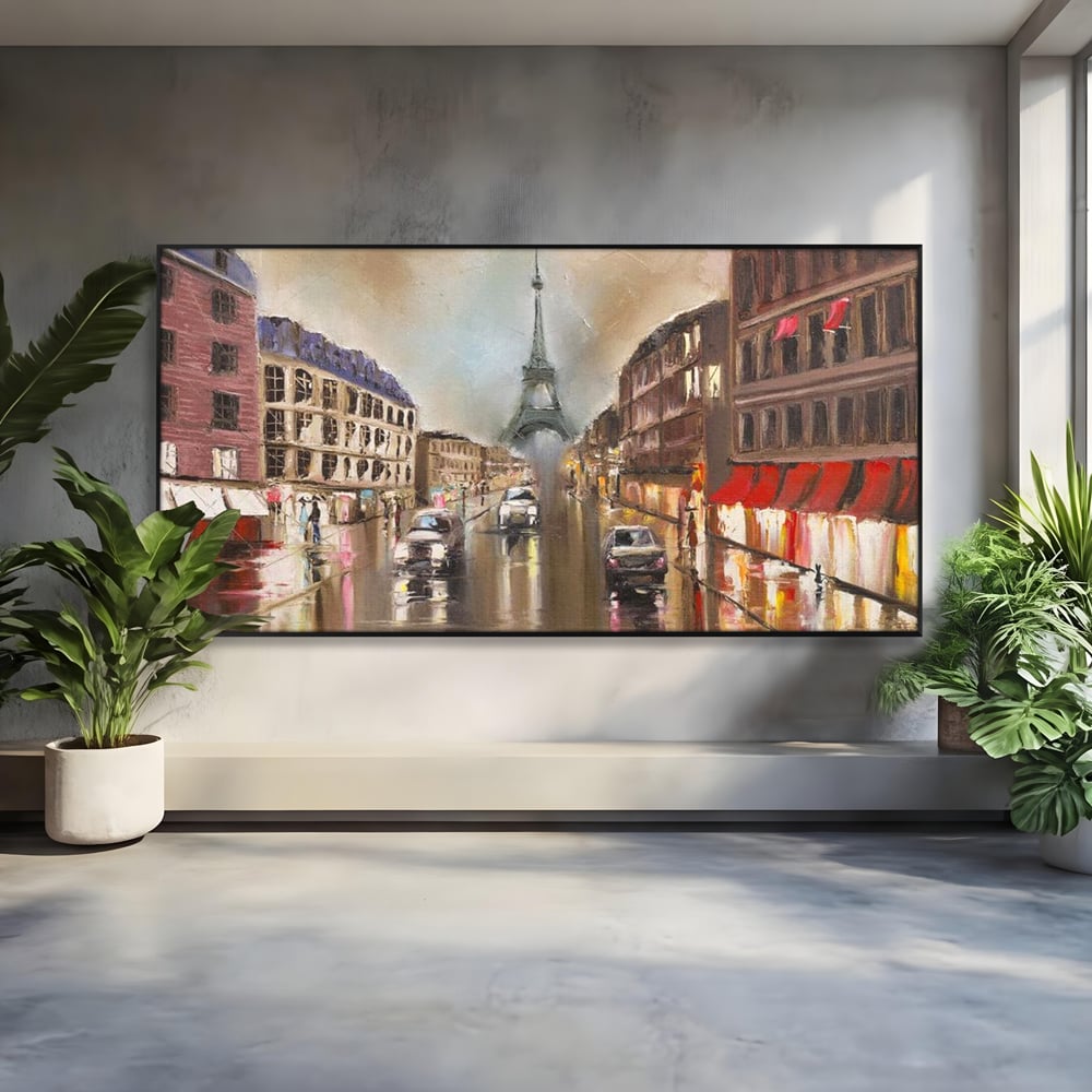 Tablou canvas cu pictura stradala cu turnul eiffel in ploaie, in rama de aluminiu negru